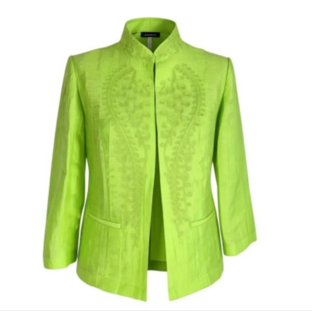 Chicos Blazer Size 0 S 4 Neon Green Open Front Embroidered Pockets Linen Blend